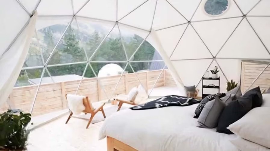 Geodesic dome bedroom forest view