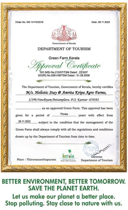 Green Farm Kerala Approval Certificate — Department of Tourism, Government of Kerala